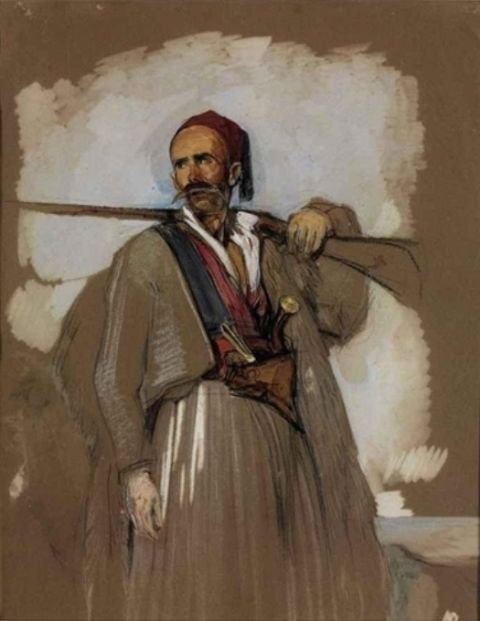 Σουλιώτης πολεμιστής, με το όπλο του στον ώμο (Suliot warrior, with his gun over one shoulder)